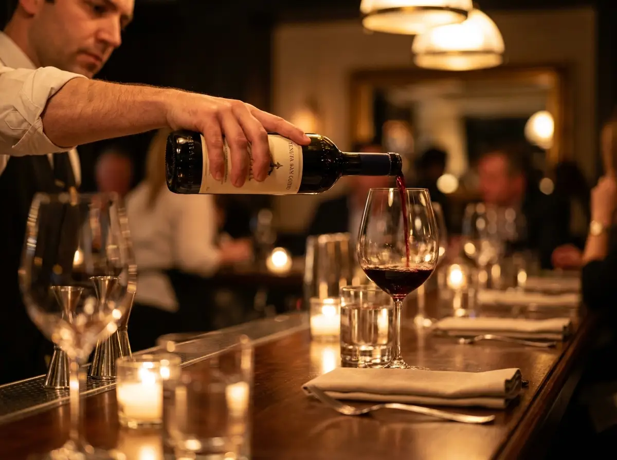 Bartender pouring Italian wine at a private event bar