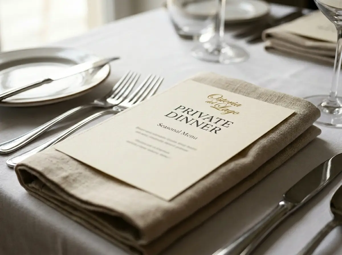 Custom printed menu cards on linen napkins at a place setting
