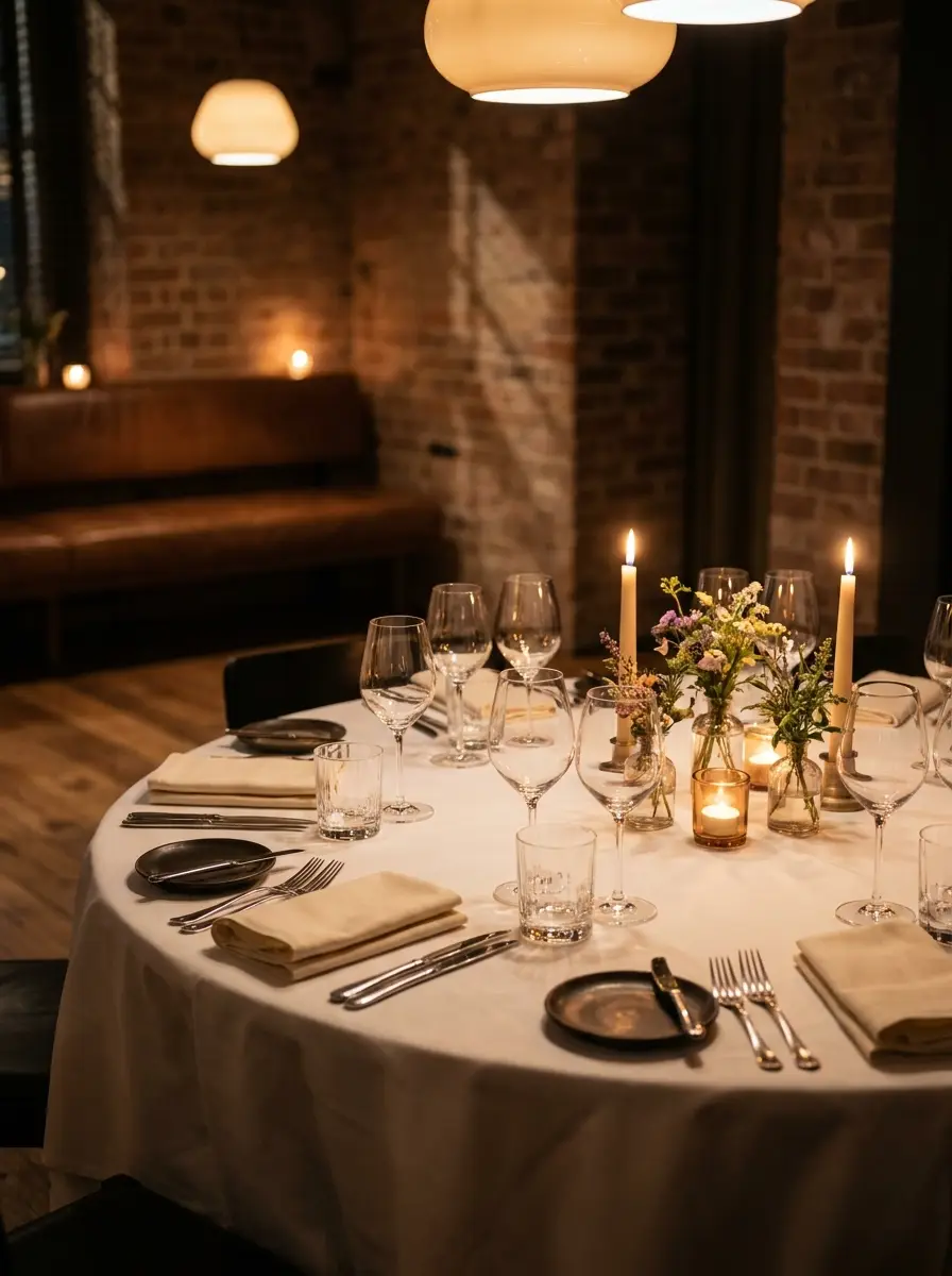 A private dining table set for an evening event with candlelight