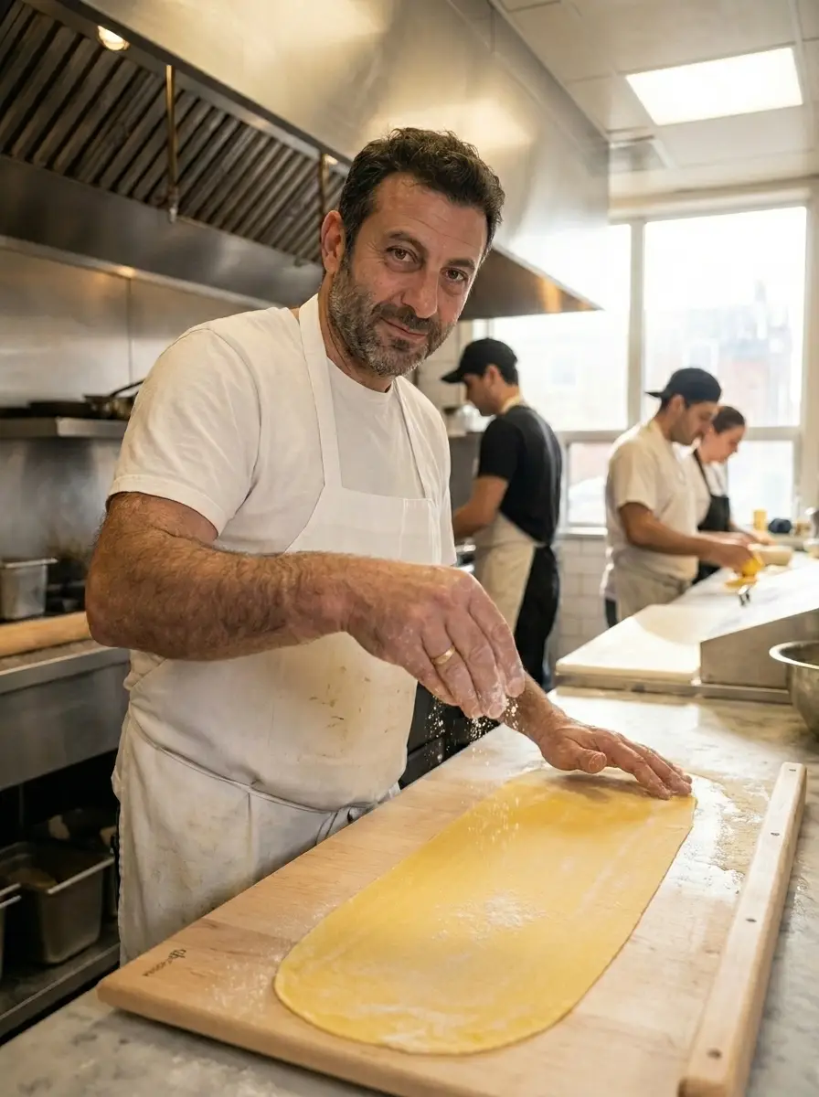 Gabriele flouring fresh pasta dough at the pasta board