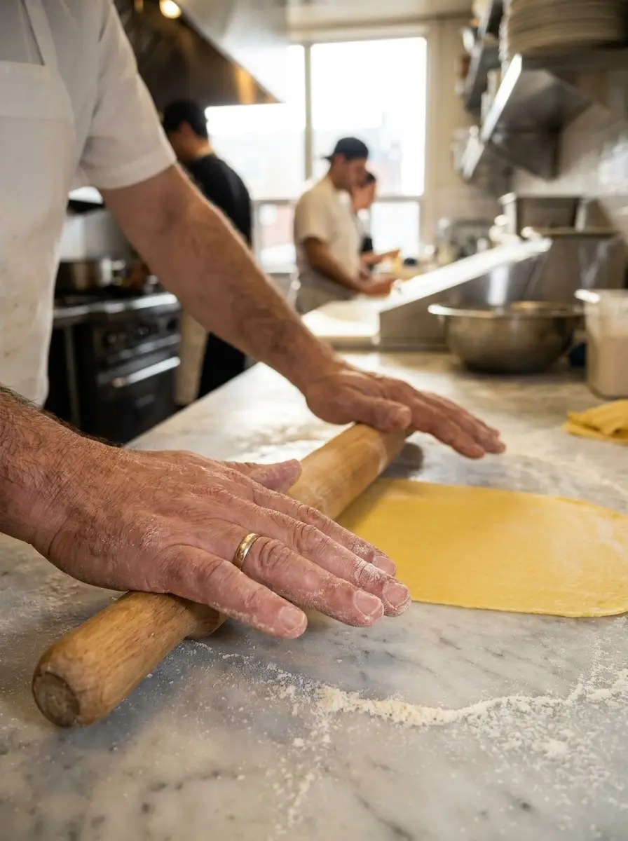 Gabriele rolling fresh pasta dough