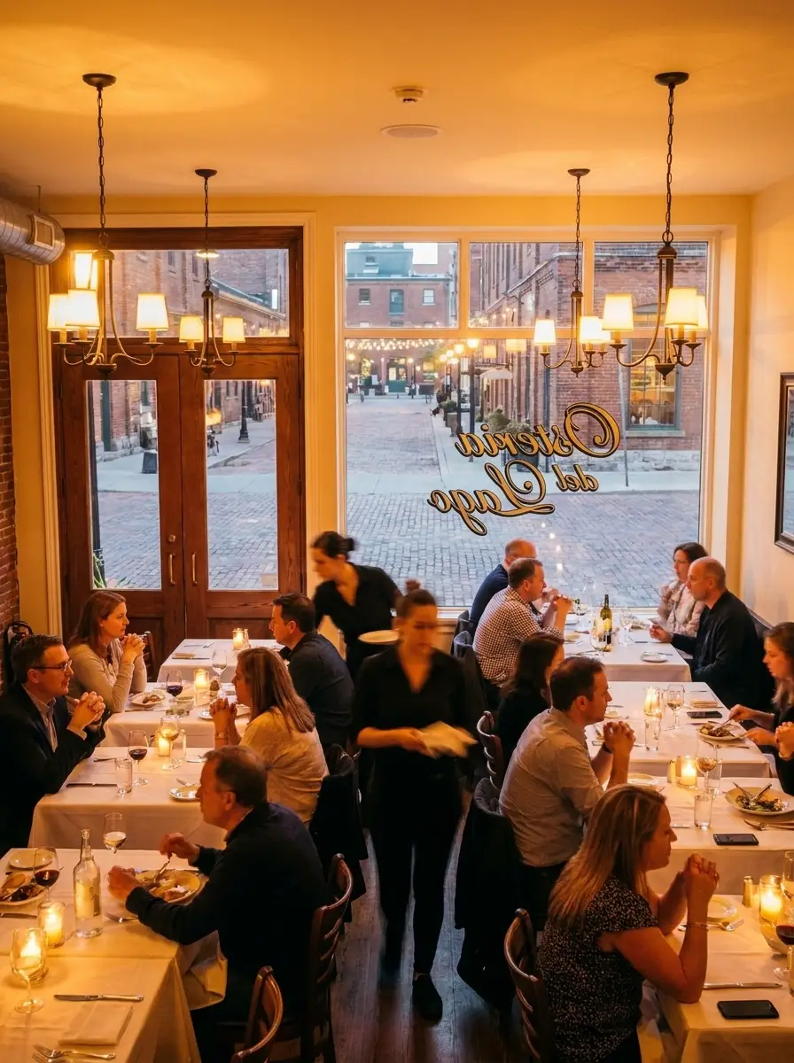 Full dining room during evening service with warm candlelight