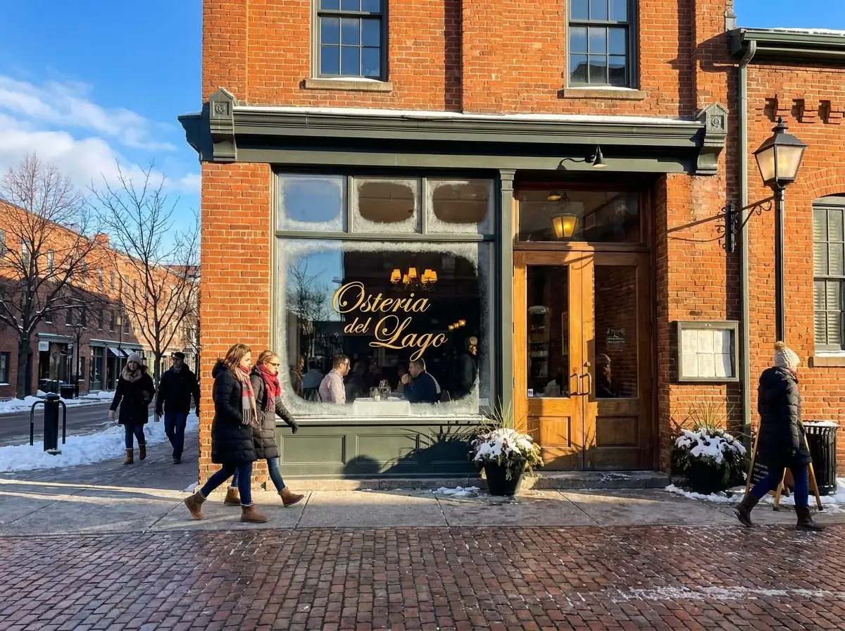 Osteria del Lago entrance on a winter evening with warm light from the windows