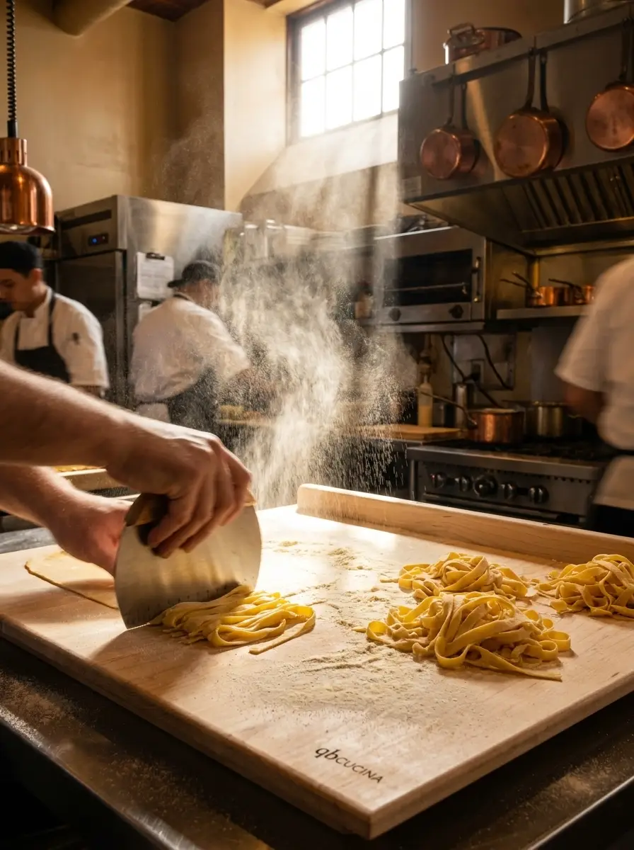 Pasta being cut on the board in the kitchen