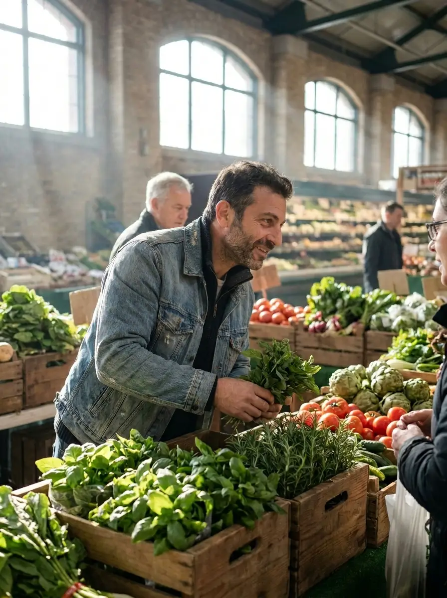 Chef Gabriele selecting produce at the market