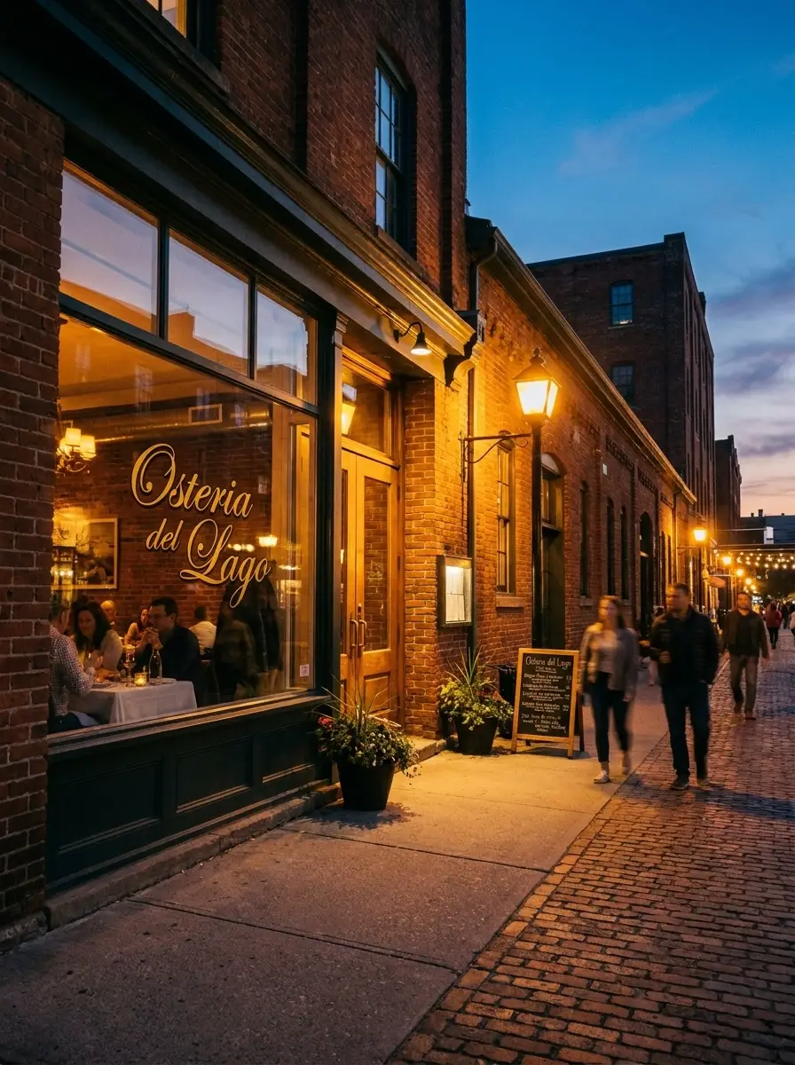 Exterior of Osteria del Lago at dusk in the Distillery District